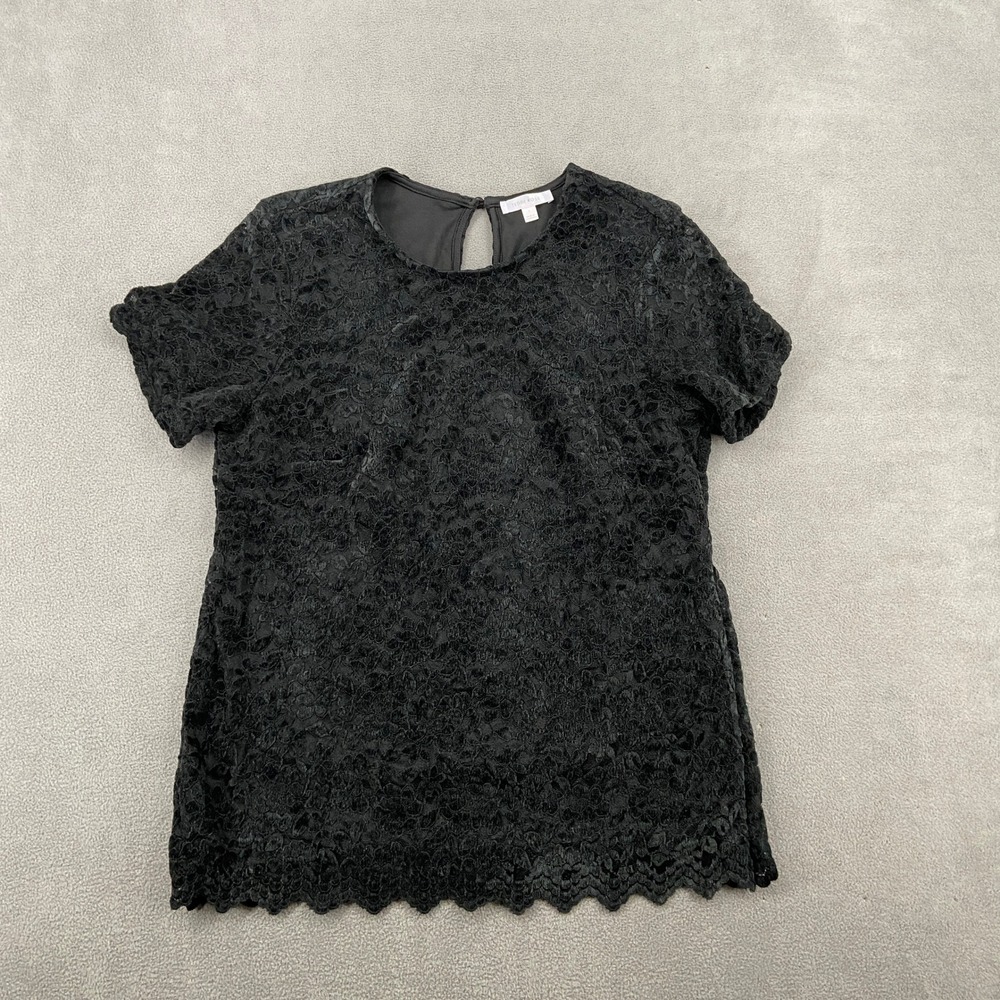 Teddi Rose Black Floral Lace Velvet Texture Blouse Keyhole Back Scallop Hem L